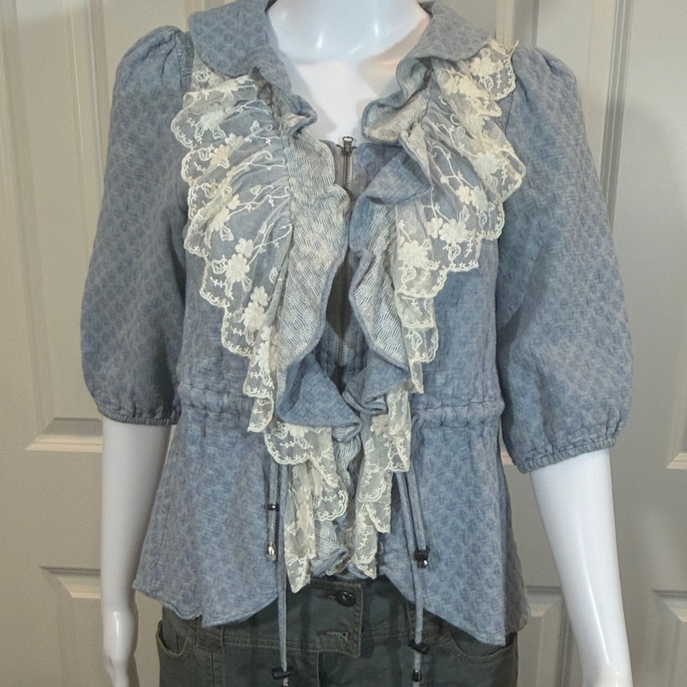 Lace-Trimmed Blue Blouse